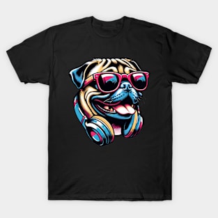 Grinning Pug DJ Enjoys Music in Bold Japanese Art T-Shirt